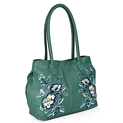 La Marey Turquoise Genuine Leather Floral Tote Bag with Two Top Handle