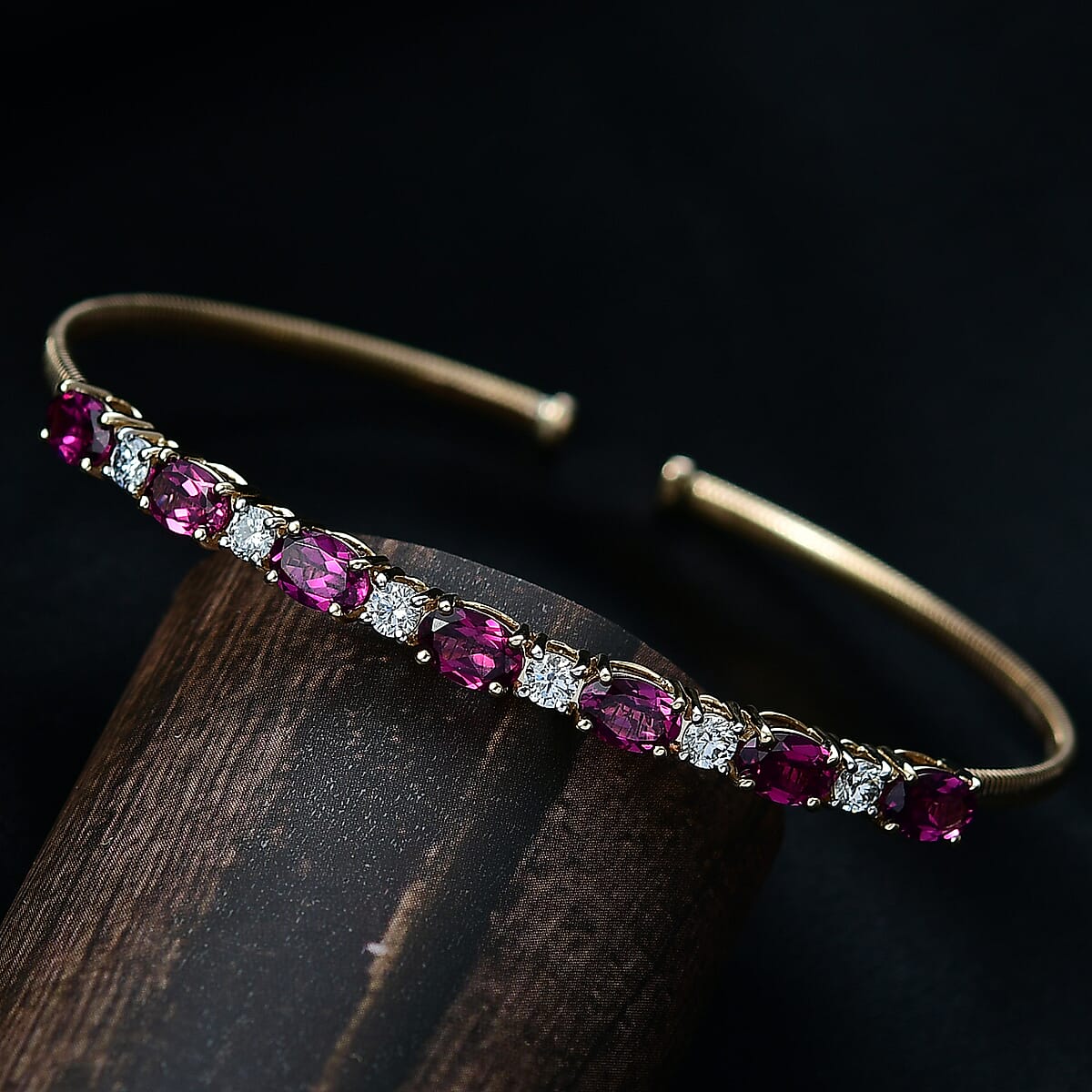 Doorbuster AAA Radiant Ember Garnet and Luxuriant Lab Grown Diamond E-F VS 4.40 ctw Cuff Bracelet in 10K Yellow Gold (7.25 In) image number 1