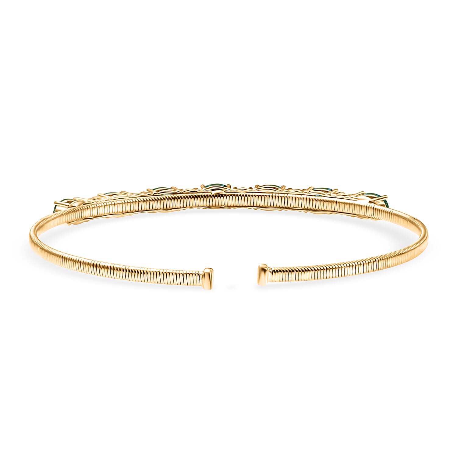  AAA Kagem Zambian Emerald and Luxuriant Lab Grown Diamond E-F VS 3.60 ctw Cuff Bracelet in 10K Yellow Gold (7.25 In) 4.30 Grams