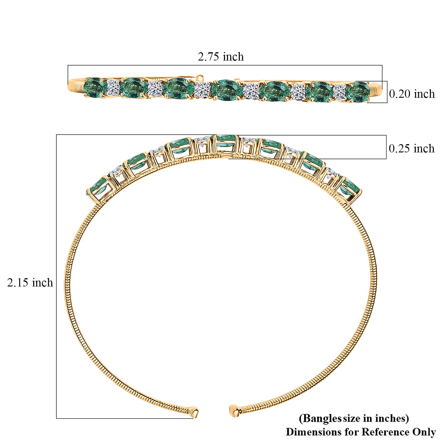  AAA Kagem Zambian Emerald and Luxuriant Lab Grown Diamond E-F VS 3.60 ctw Cuff Bracelet in 10K Yellow Gold (7.25 In) 4.30 Grams
