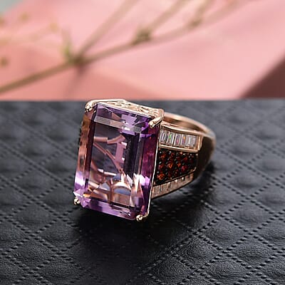  D'Joy Premium Rose De France Amethyst and Multi Gemstone 15.20 ctw Crown of the Two Forces Ring in 18K Vermeil Rose Gold Over Sterling Silver (Size 7.0)
