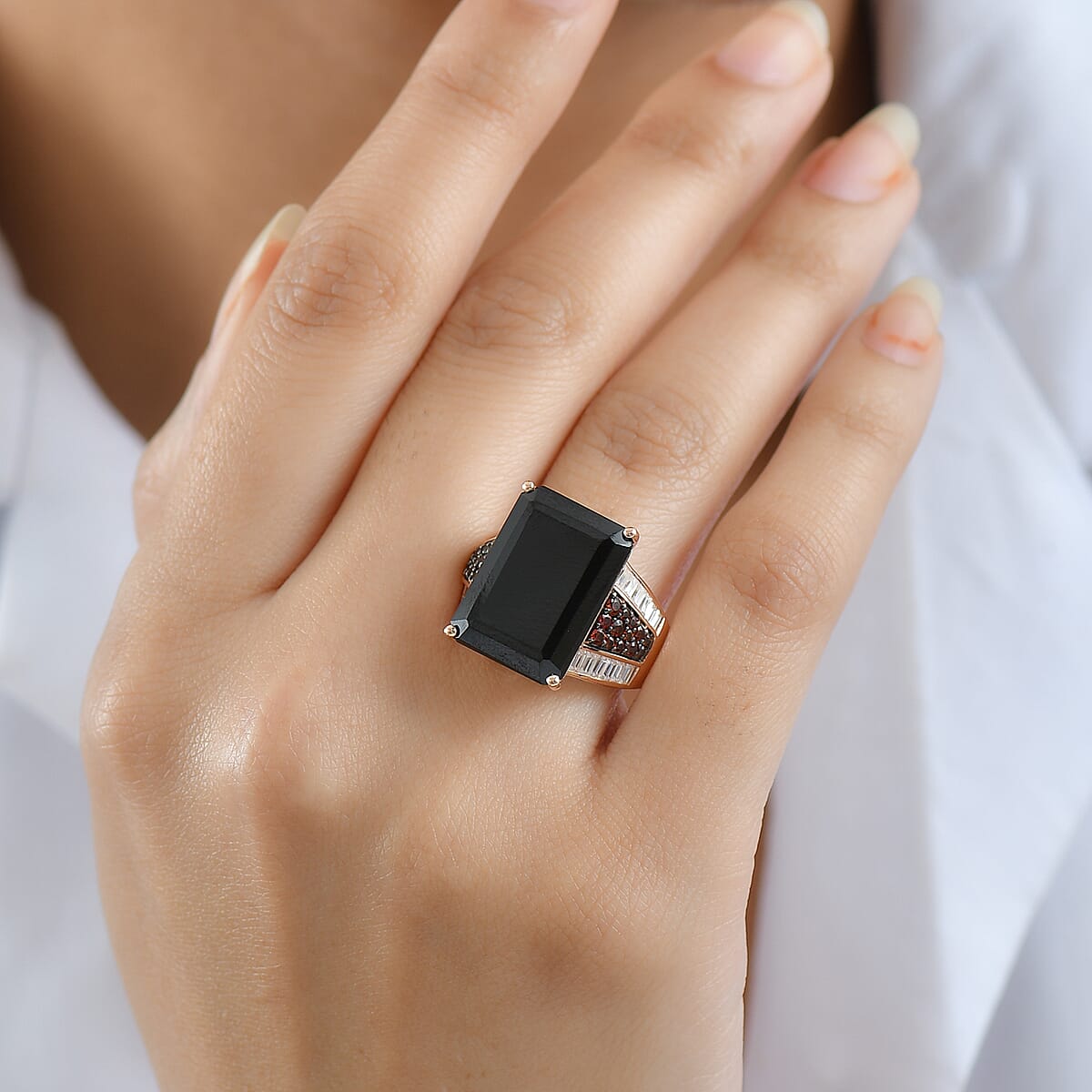 Doorbuster D'Joy Premium Thai Black Spinel and Multi Gemstone 20.25 ctw Crown of the Two Forces Ring in 18K Vermeil Rose Gold Over Sterling Silver (Size 7.0) image number 2