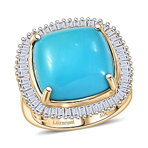 AAA Sleeping Beauty Turquoise and Luxuriant Lab Grown Diamond E-F VS 11.20 ctw Stargate Majesty Ring in 10K Yellow Gold (Size 10.0) 5.65 Grams