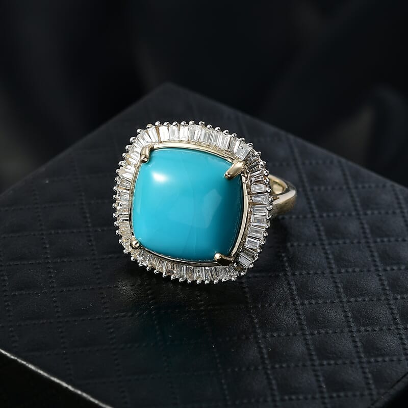 AAA Sleeping Beauty Turquoise, Lab Grown Diamond Ring in 10K Yellow Gold 11.20 ctw (Size 7.0)