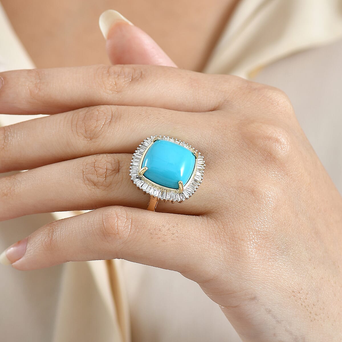 AAA Sleeping Beauty Turquoise, Lab Grown Diamond Ring in 10K Yellow Gold 11.20 ctw (Size 7.0) image number 2