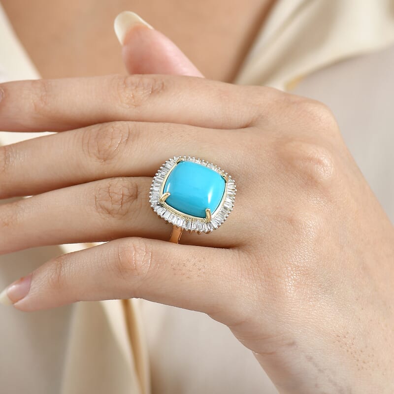 AAA Sleeping Beauty Turquoise, Lab Grown Diamond Ring in 10K Yellow Gold 11.20 ctw (Size 9.0)