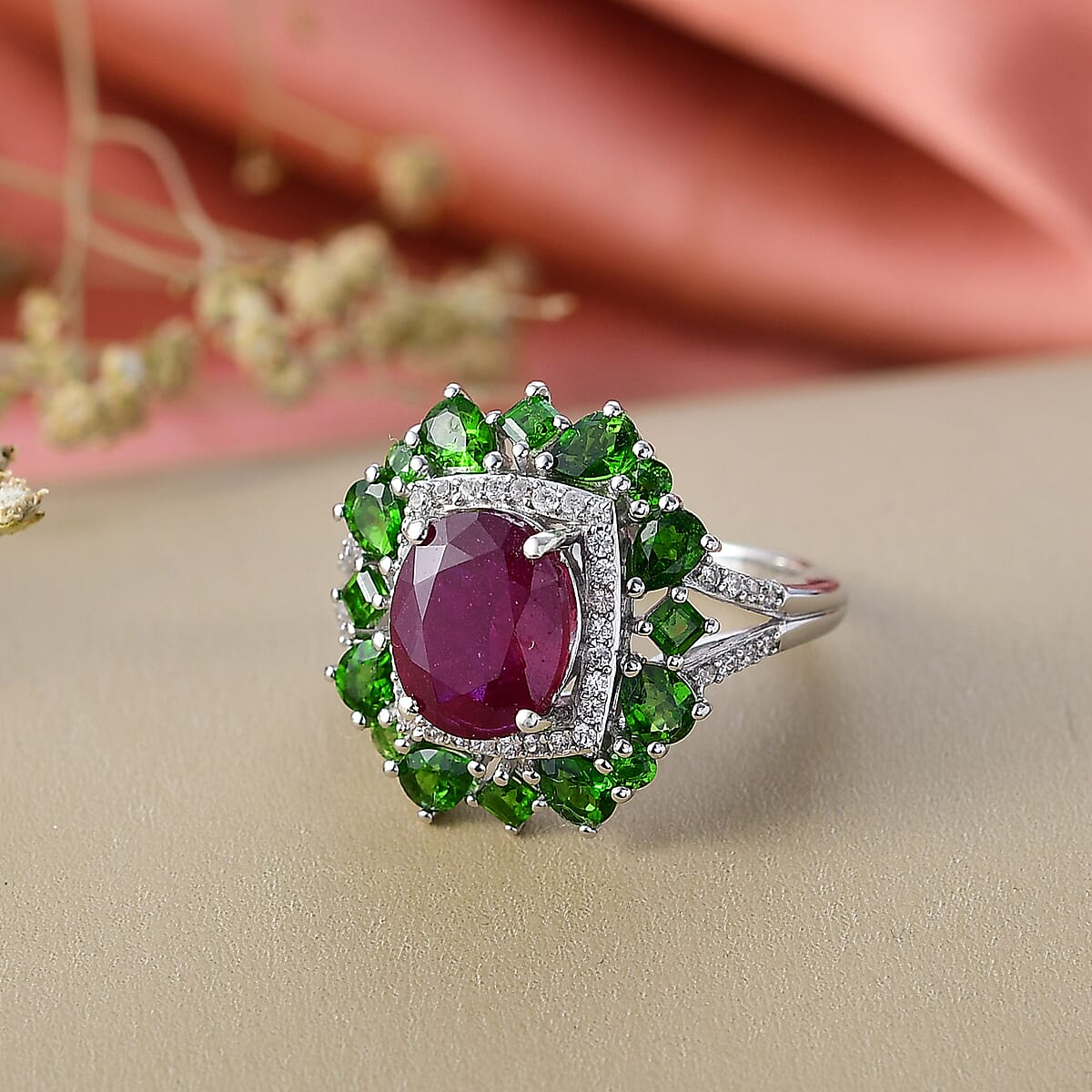 D'Joy Niassa Ruby (FF) and Multi Gemstone 6.40 ctw Imperial Bloom Ring in Rhodium Over Sterling Silver (Size 6.0) image number 1
