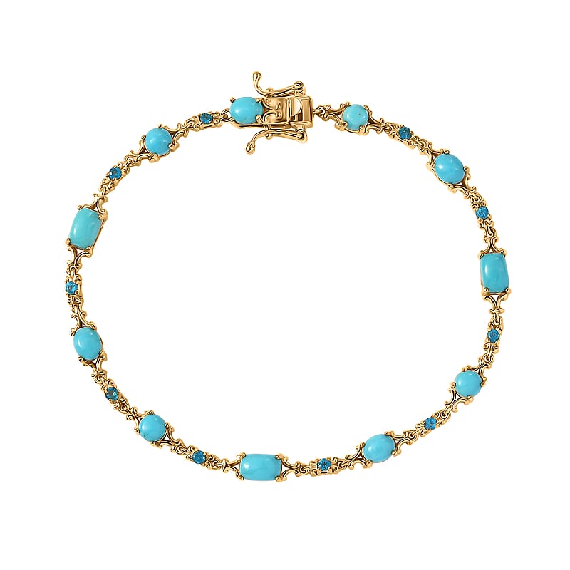 D'Joy Premium Sleeping Beauty Turquoise and Malgache Neon Apatite 4.65 ctw Victoria Bracelet in 18K Vermeil Yellow Gold Over Sterling Silve (7.25 In) 