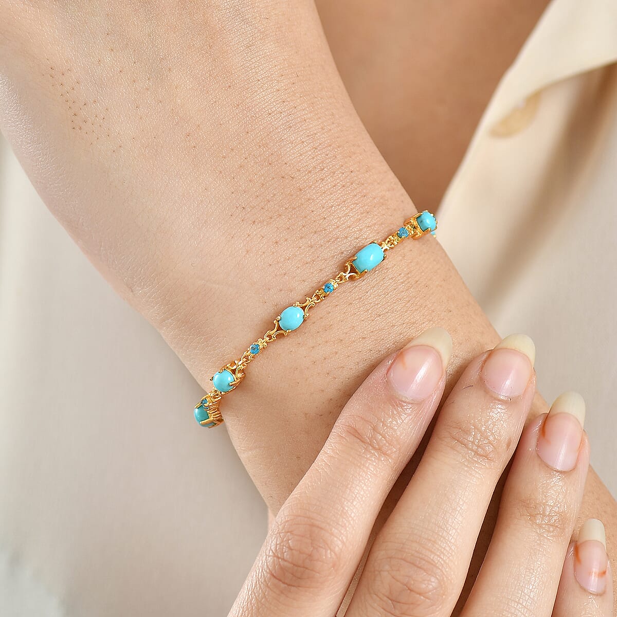 D'Joy Premium Sleeping Beauty Turquoise and Malgache Neon Apatite 4.80 ctw Victoria Bracelet in 18K Vermeil Yellow Gold Over Sterling Silve (7.25 In) (Del. in 12-15 Days)  image number 2