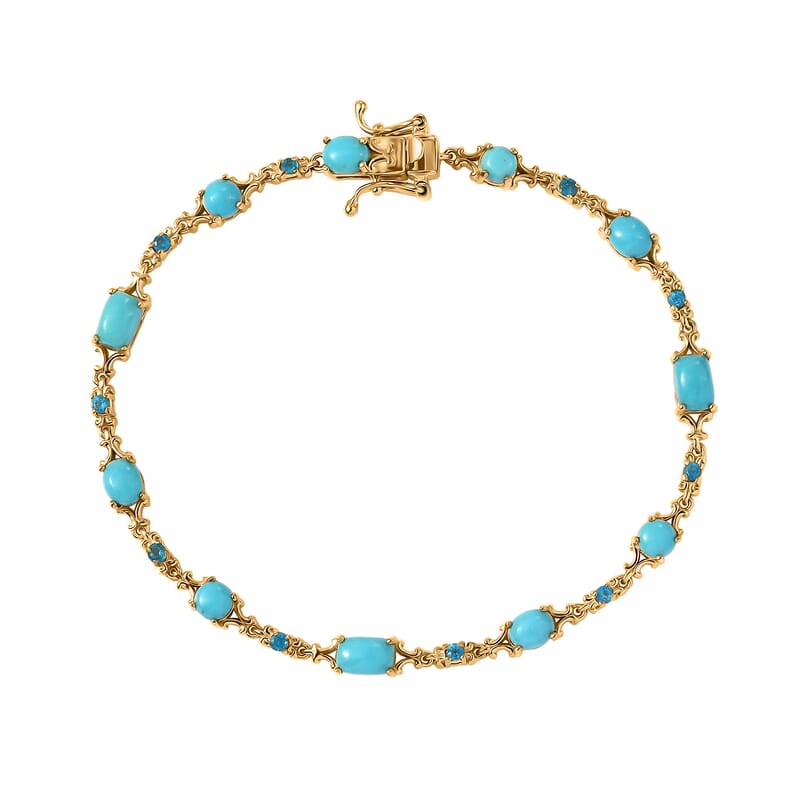 D'Joy Sleeping Beauty Turquoise, Malgache Neon Apatite Bracelet in 18K Vermeil YG Over Sterling Silver 4.10 ctw (6.50 Inches)