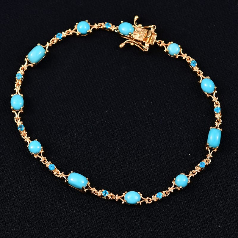 D'Joy Sleeping Beauty Turquoise, Malgache Neon Apatite Bracelet in 18K Vermeil YG Over Sterling Silver 4.10 ctw (6.50 Inches)