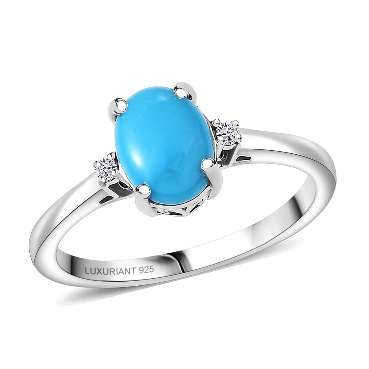 Premium Sleeping Beauty Turquoise and Luxuriant Lab Grown Diamond G-H SI 1.10 ctw Blue Empress Ring in Rhodium Over Sterling Silver (Size 10.0) image number 0