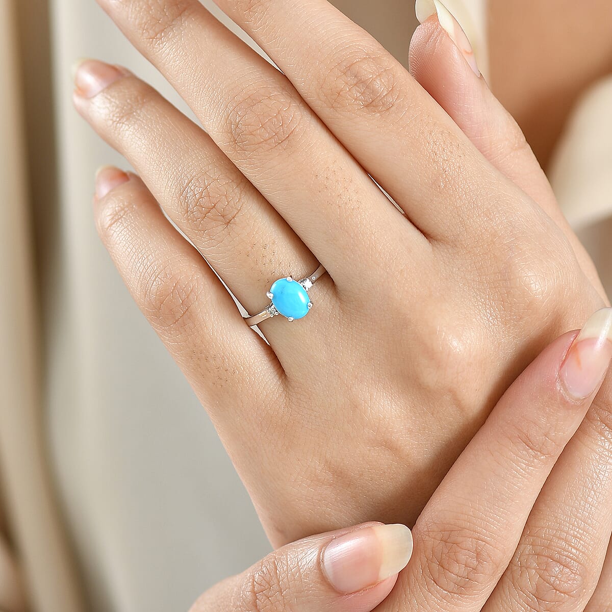 Premium Sleeping Beauty Turquoise and Luxuriant Lab Grown Diamond G-H SI 1.10 ctw Blue Empress Ring in Rhodium Over Sterling Silver (Size 10.0) image number 2