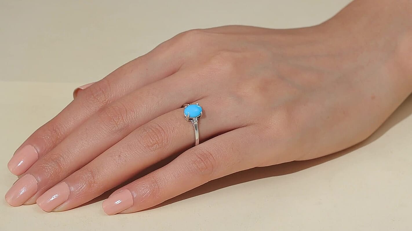 Premium Sleeping Beauty Turquoise, Luxuriant Lab Grown Diamond (G-H, SI) Ring in Rhodium Over Sterling Silver (Size 10.0) 1.10 ctw
