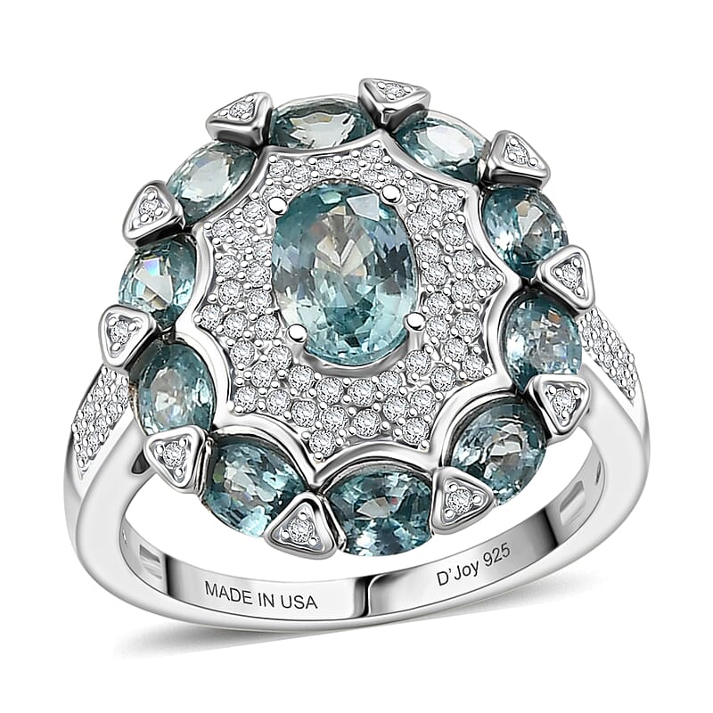 D'Joy Cambodian Blue Zircon and White Zircon 4.60 ctw Zinnia Floral Ring in Rhodium Over Sterling Silver (Size 5.0)