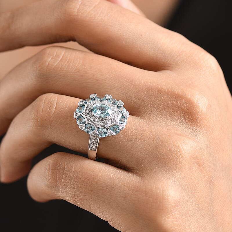 D'Joy Cambodian Blue Zircon and White Zircon 4.60 ctw Zinnia Floral Ring in Rhodium Over Sterling Silver (Size 5.0)