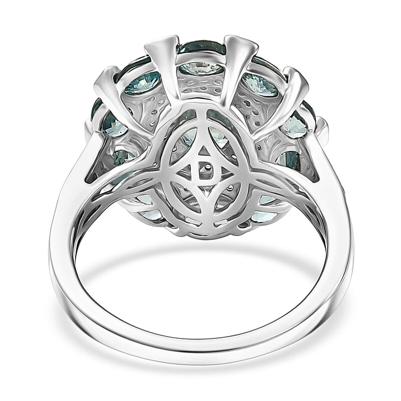 D'Joy Cambodian Blue Zircon and White Zircon 4.60 ctw Zinnia Floral Ring in Rhodium Over Sterling Silver (Size 5.0)