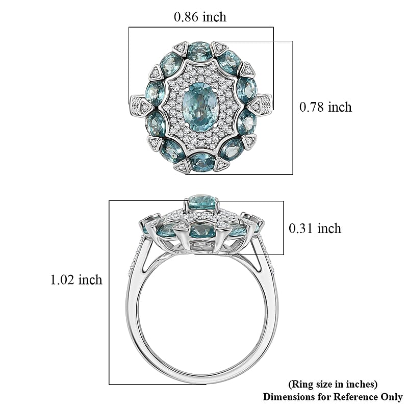 D'Joy Cambodian Blue Zircon and White Zircon 4.60 ctw Zinnia Floral Ring in Rhodium Over Sterling Silver (Size 5.0)