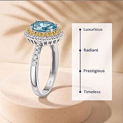 Luxoro AAA Cambodian Blue Zircon, Natural Yellow and White Diamond I2 3.65 ctw Sunlit Ocean Ring in 10K White Gold (Size 12.0)