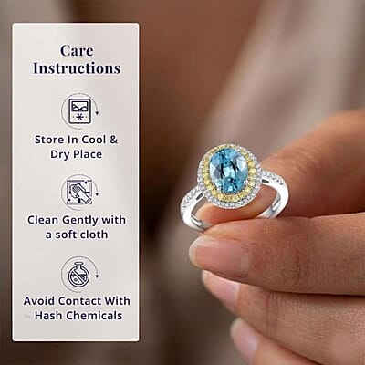 Luxoro AAA Cambodian Blue Zircon, Natural Yellow and White Diamond I2 3.65 ctw Sunlit Ocean Ring in 10K White Gold (Size 12.0)