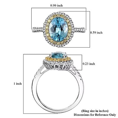 Luxoro AAA Cambodian Blue Zircon, Natural Yellow and White Diamond I2 3.65 ctw Sunlit Ocean Ring in 10K White Gold (Size 12.0)