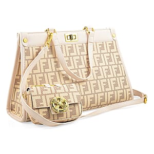 La Marey Brown with F Letter Print Faux Leather and Polyester Tote Bag with Small Pouch