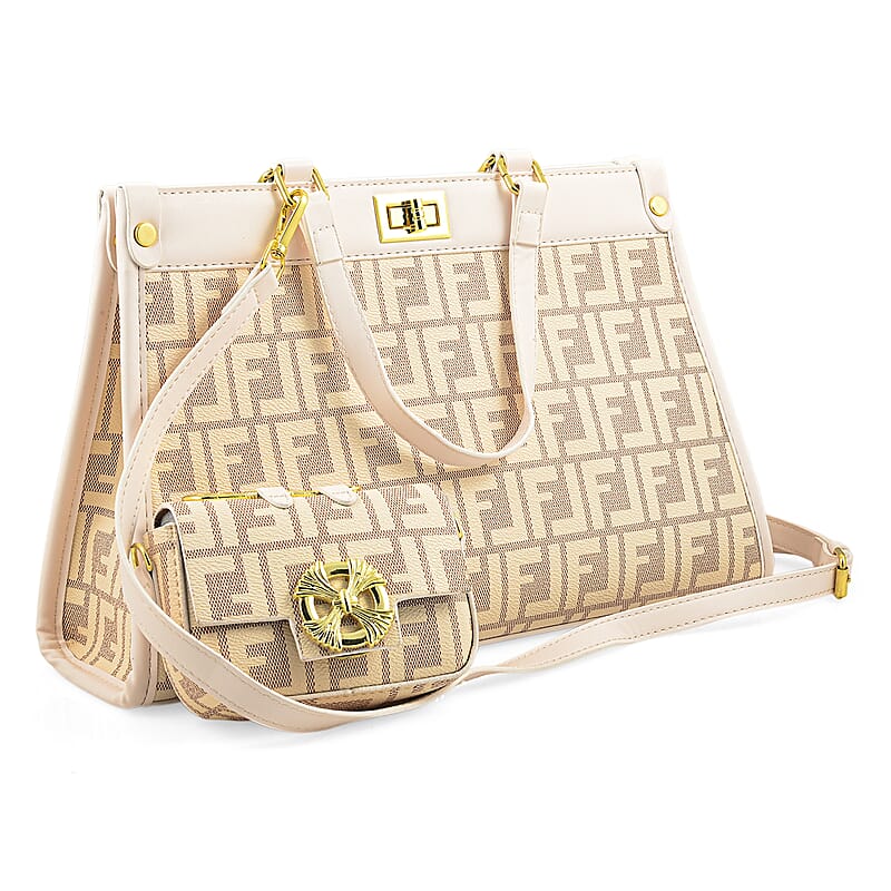 La Marey Brown with F Letter Print Faux Leather and Polyester Tote Bag with Small Pouch