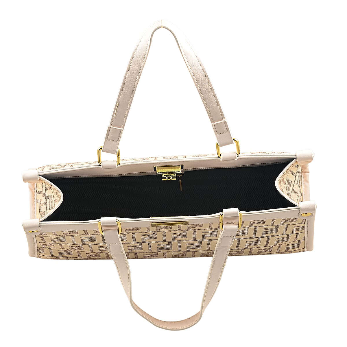 La Marey Brown with F Letter Print Faux Leather and Polyester Tote Bag with Small Pouch image number 4