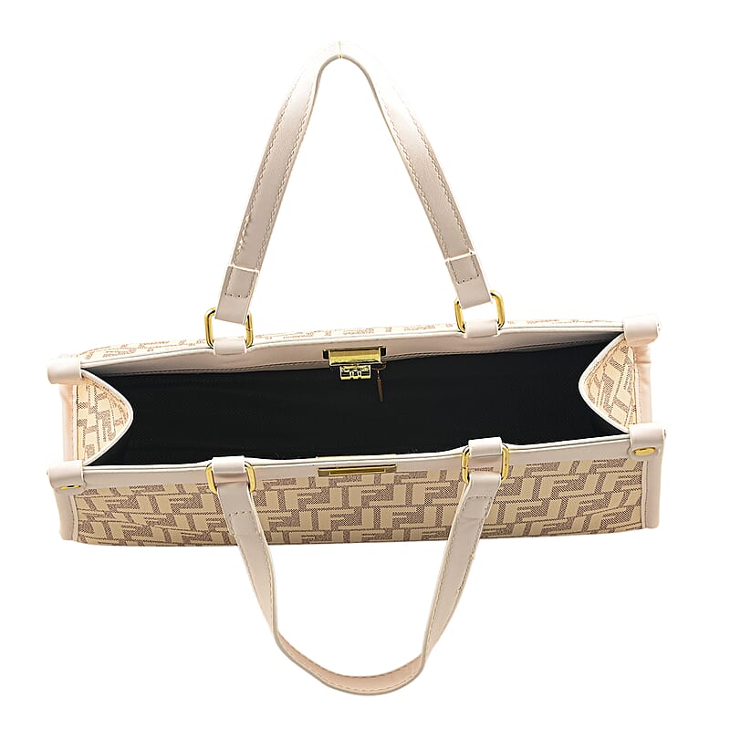 La Marey Brown with F Letter Print Faux Leather and Polyester Tote Bag with Small Pouch