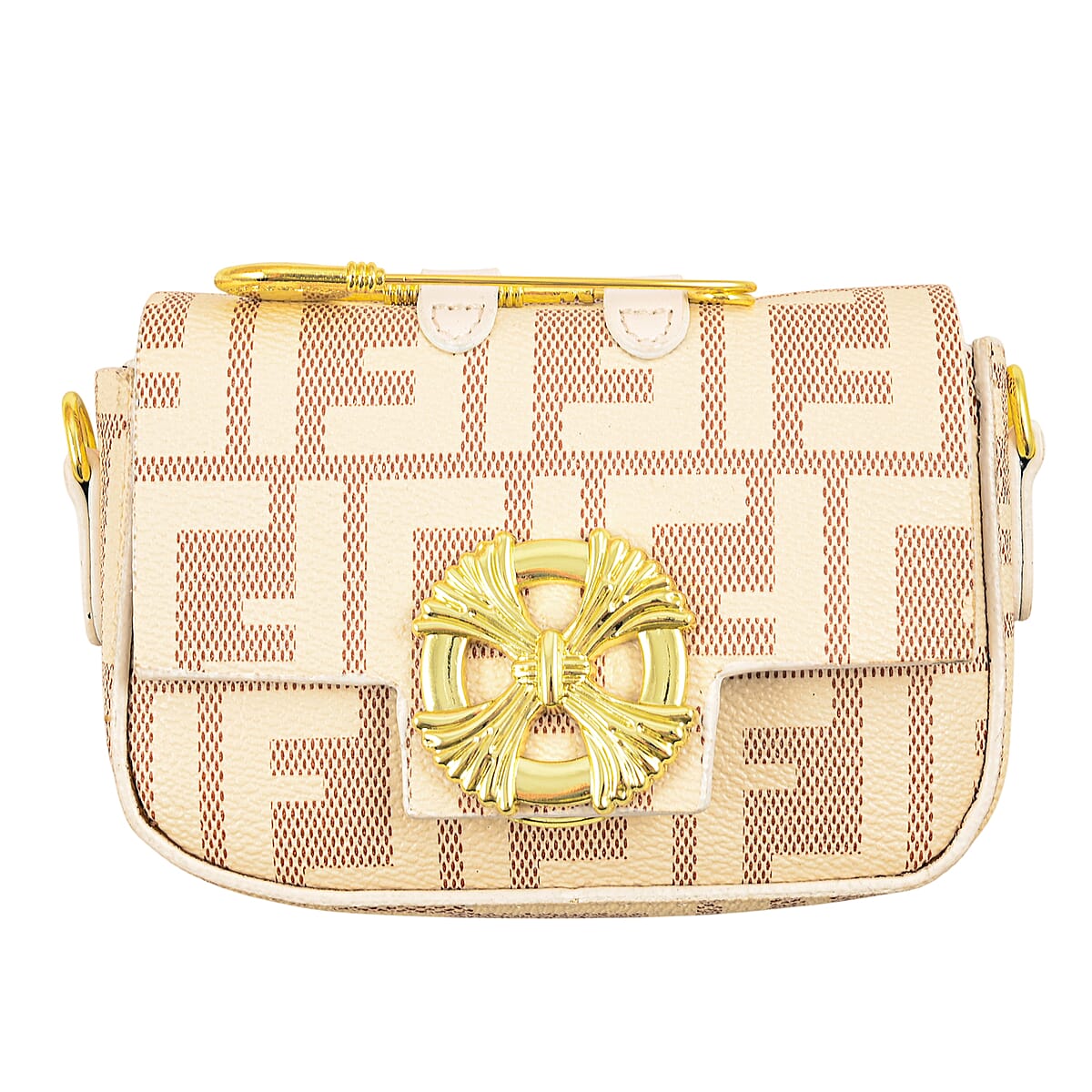 La Marey Brown with F Letter Print Faux Leather and Polyester Tote Bag with Small Pouch image number 5