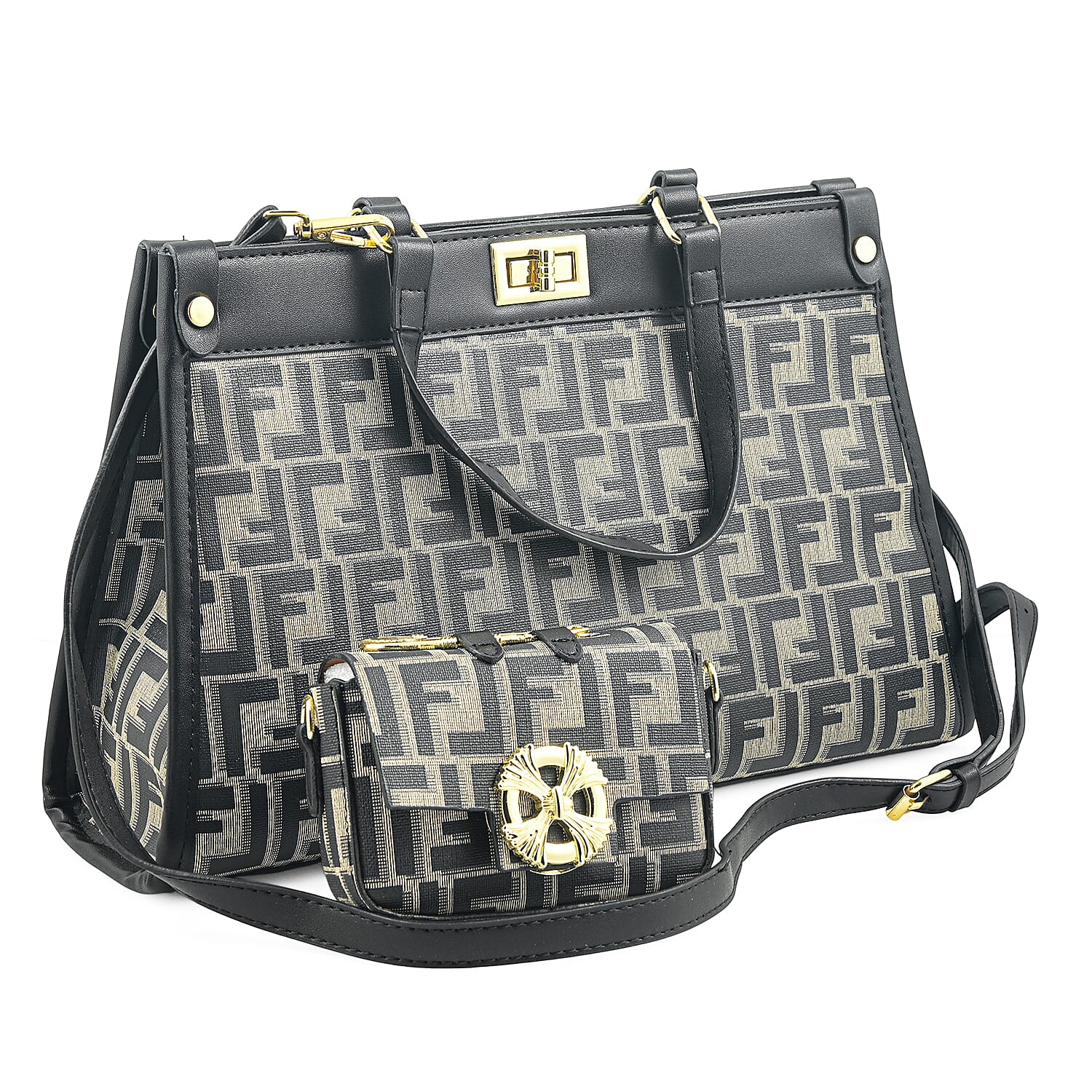 La Marey Black with F Letter Print Faux Leather and Polyester Tote Bag with Small Pouch