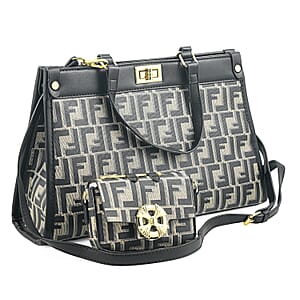 La Marey Black with F Letter Print Faux Leather and Polyester Tote Bag with Small Pouch