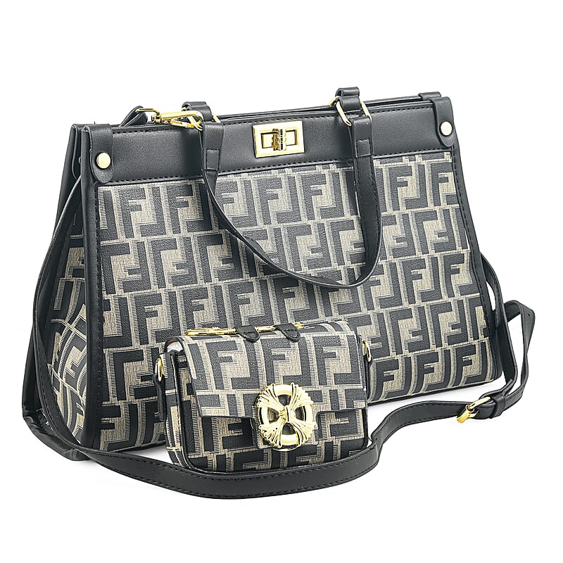 La Marey Black with F Letter Print Faux Leather and Polyester Tote Bag with Small Pouch