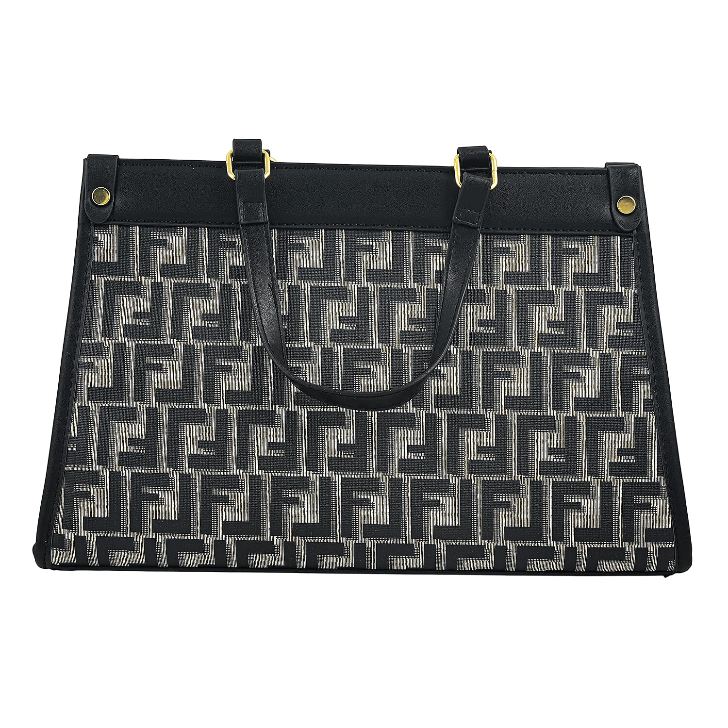 La Marey Black with F Letter Print Faux Leather and Polyester Tote Bag with Small Pouch