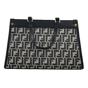 La Marey Black with F Letter Print Faux Leather and Polyester Tote Bag with Small Pouch