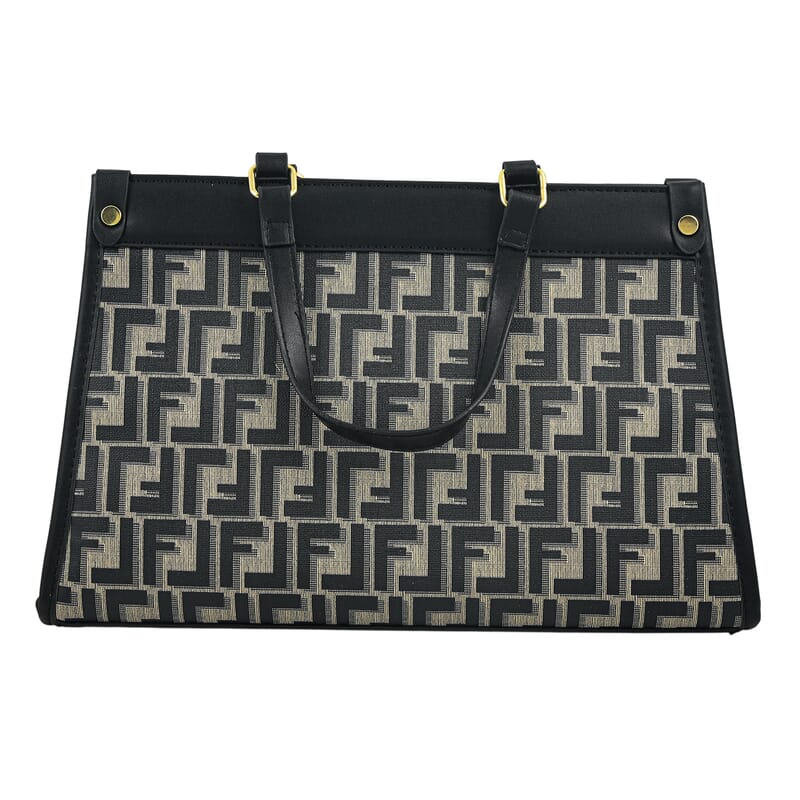 La Marey Black with F Letter Print Faux Leather and Polyester Tote Bag with Small Pouch