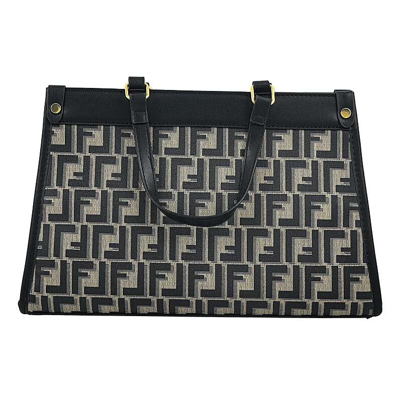 La Marey Black with F Letter Print Faux Leather and Polyester Tote Bag with Small Pouch
