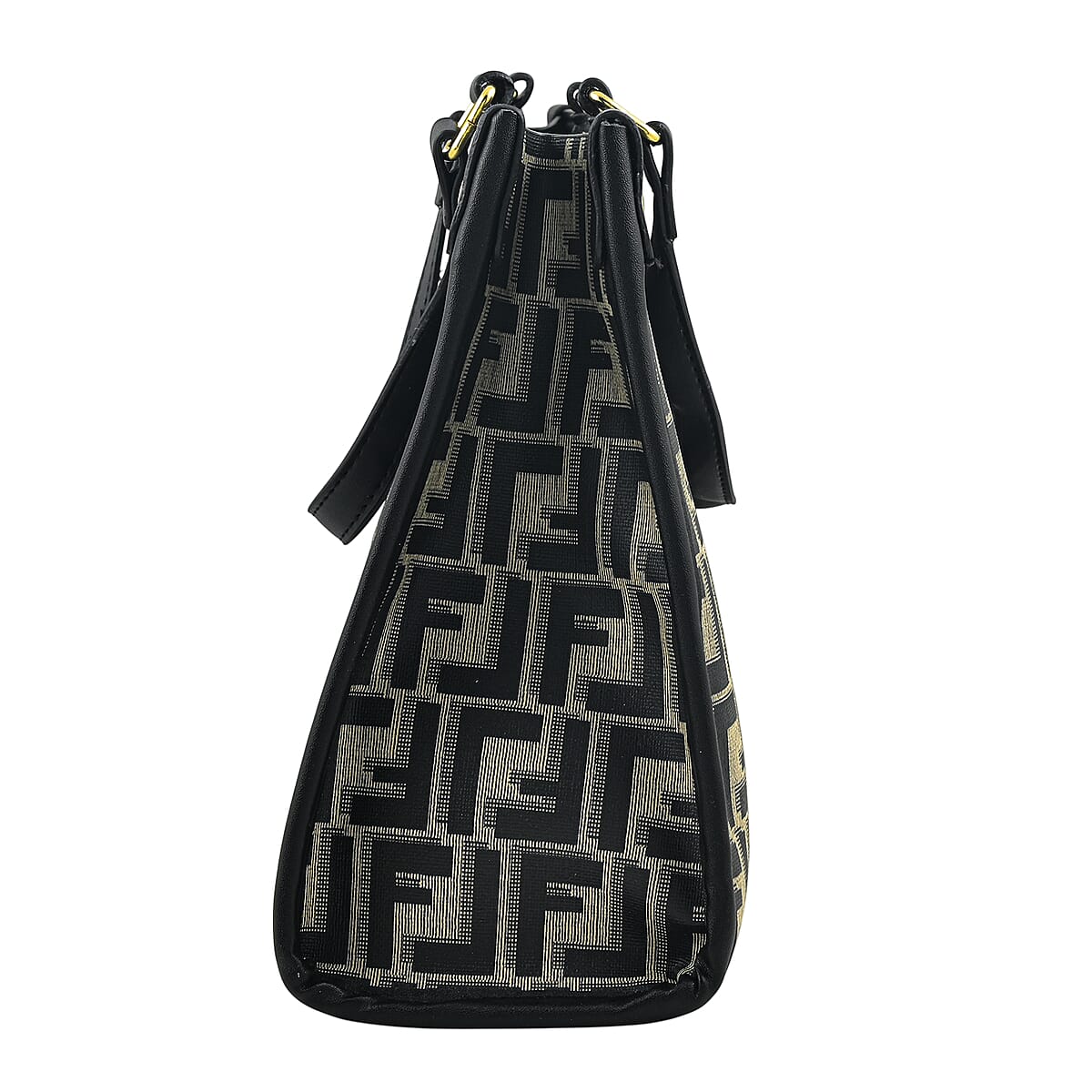 La Marey Black with F Letter Print Faux Leather and Polyester Tote Bag with Small Pouch image number 2