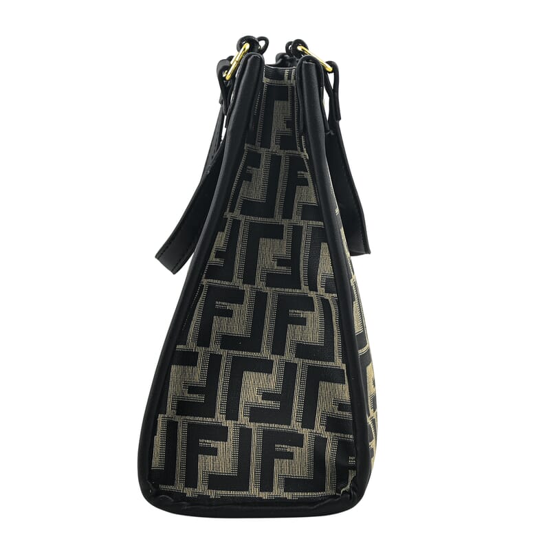 La Marey Black with F Letter Print Faux Leather and Polyester Tote Bag with Small Pouch