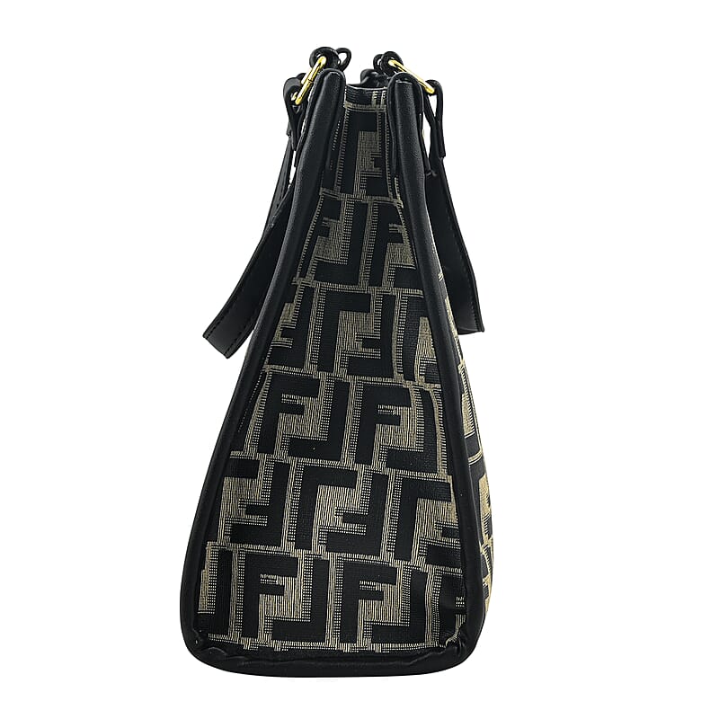La Marey Black with F Letter Print Faux Leather and Polyester Tote Bag with Small Pouch