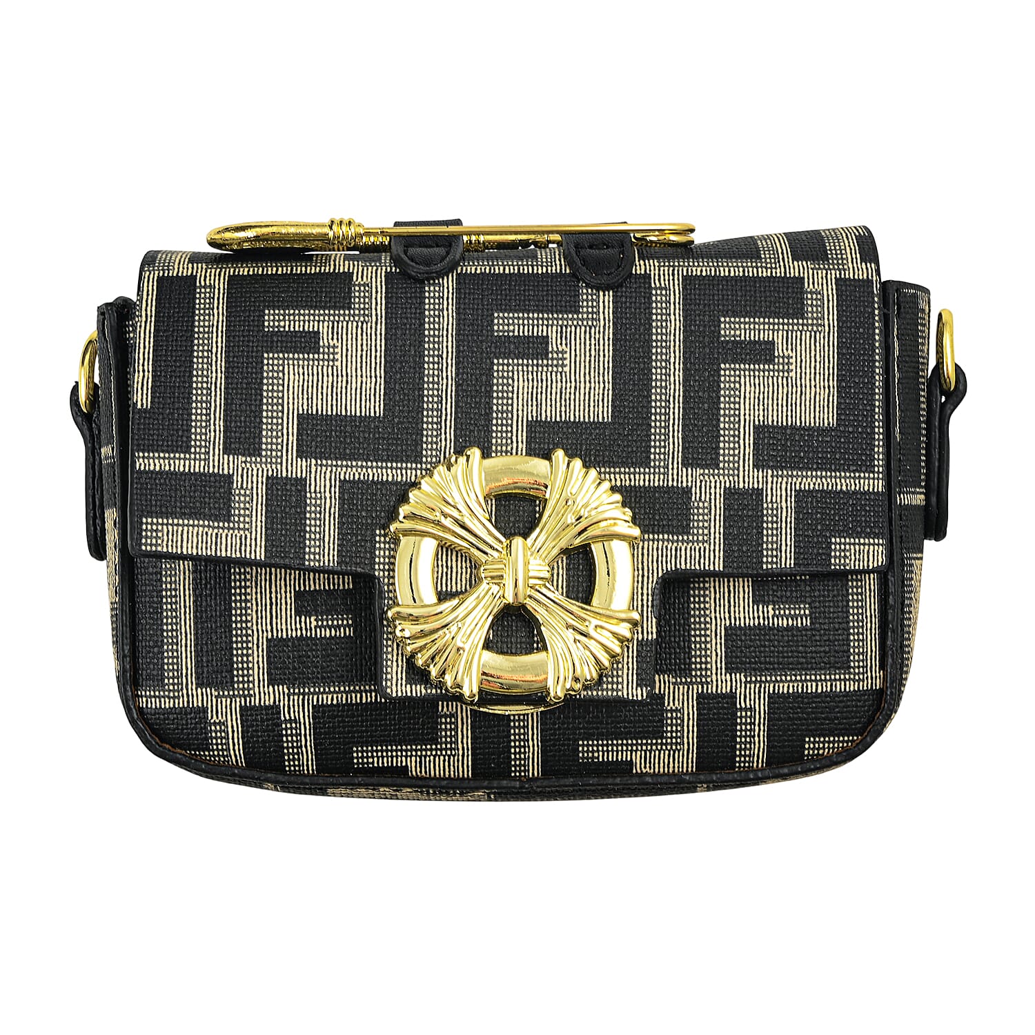 La Marey Black with F Letter Print Faux Leather and Polyester Tote Bag with Small Pouch