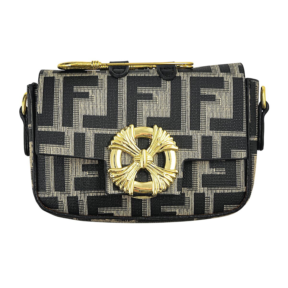 La Marey Black with F Letter Print Faux Leather and Polyester Tote Bag with Small Pouch image number 4