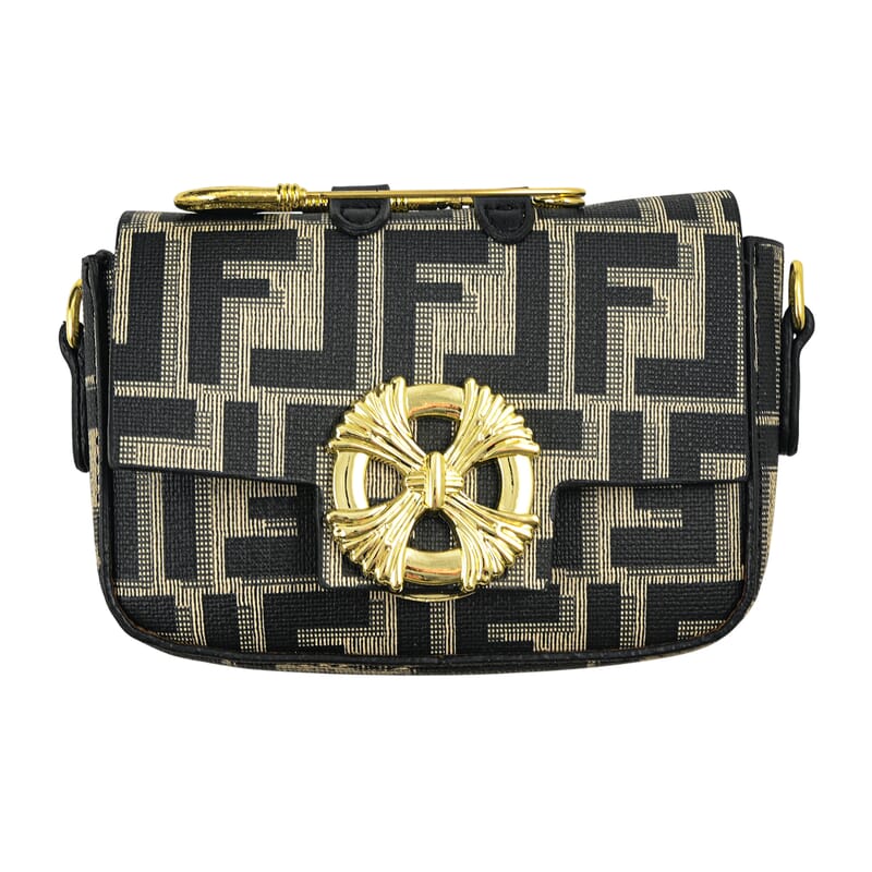 La Marey Black with F Letter Print Faux Leather and Polyester Tote Bag with Small Pouch