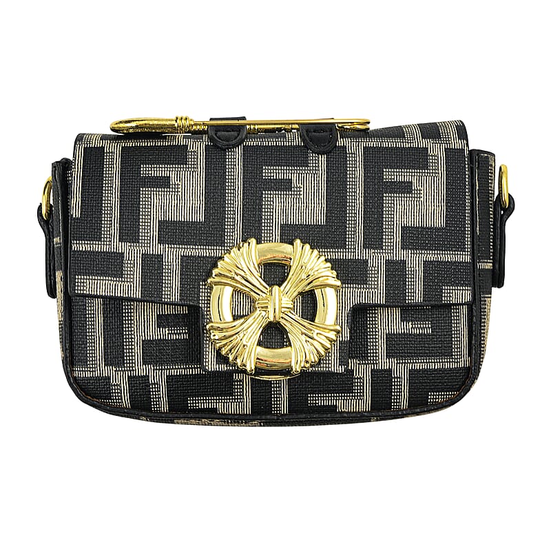 La Marey Black with F Letter Print Faux Leather and Polyester Tote Bag with Small Pouch