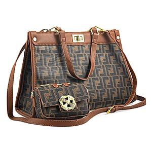 La Marey Gray with F Letter Print Faux Leather and Polyester Tote Bag with Small Pouch