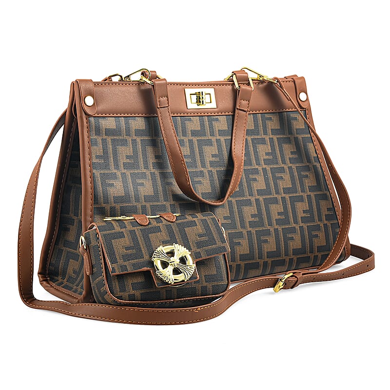 La Marey Gray with F Letter Print Faux Leather and Polyester Tote Bag with Small Pouch