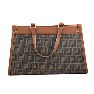 La Marey Gray with F Letter Print Faux Leather and Polyester Tote Bag with Small Pouch
