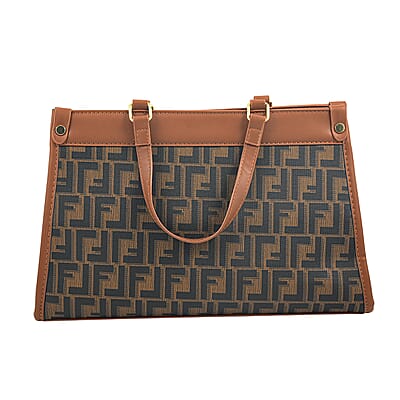 La Marey Gray with F Letter Print Faux Leather and Polyester Tote Bag with Small Pouch