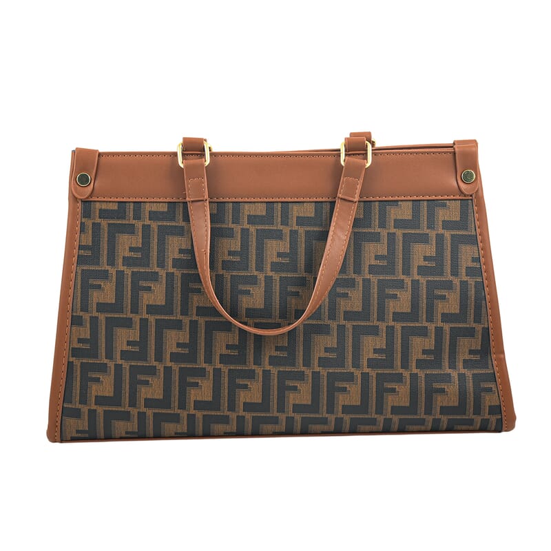 La Marey Gray with F Letter Print Faux Leather and Polyester Tote Bag with Small Pouch