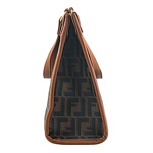 La Marey Gray with F Letter Print Faux Leather and Polyester Tote Bag with Small Pouch